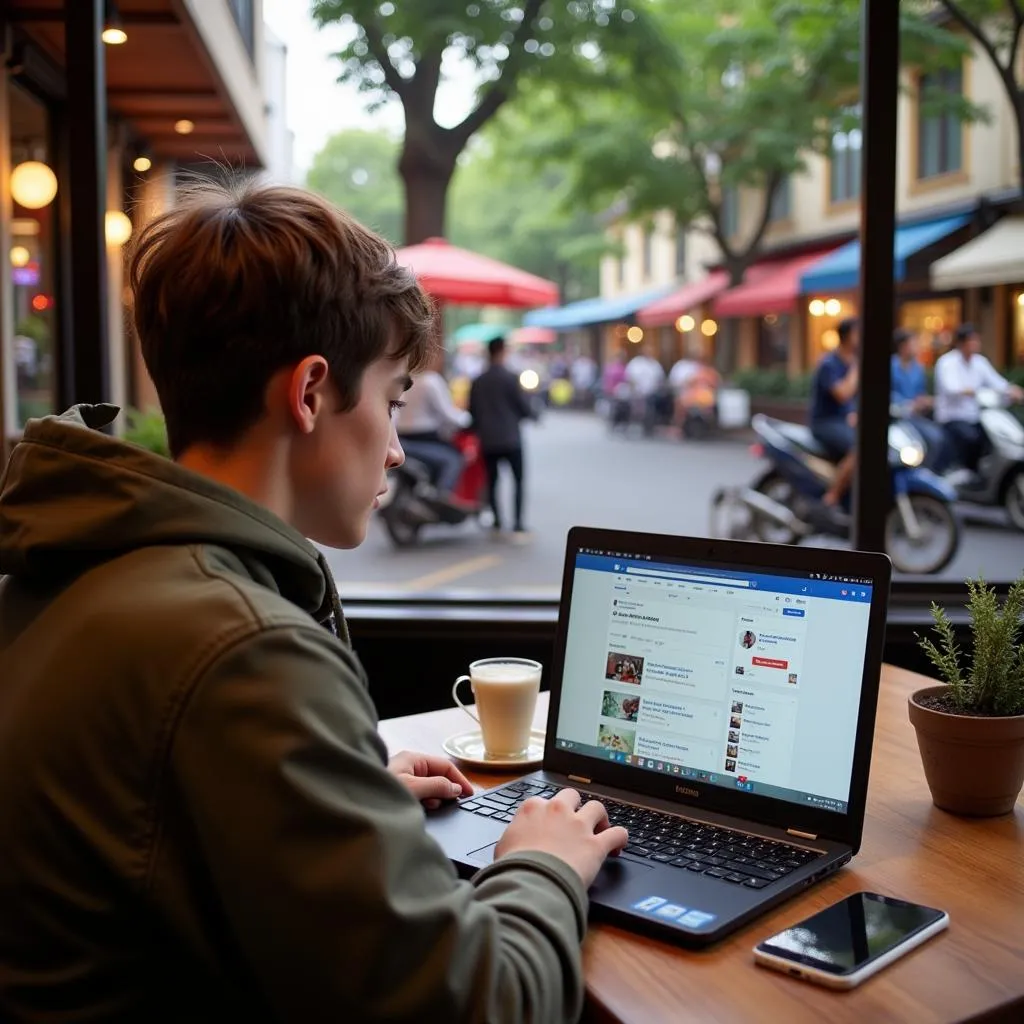 Traveler using Facebook in Hanoi