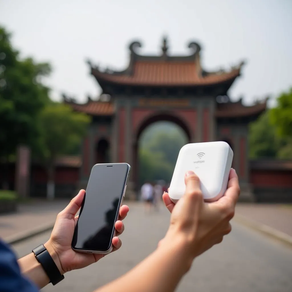 Traveler using a portable wifi router in Hanoi