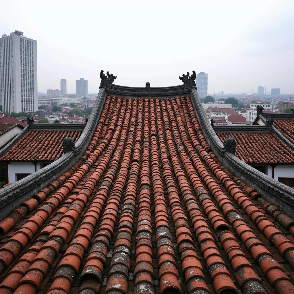 Tube tiles adorning the roof of a historic building in Hanoi