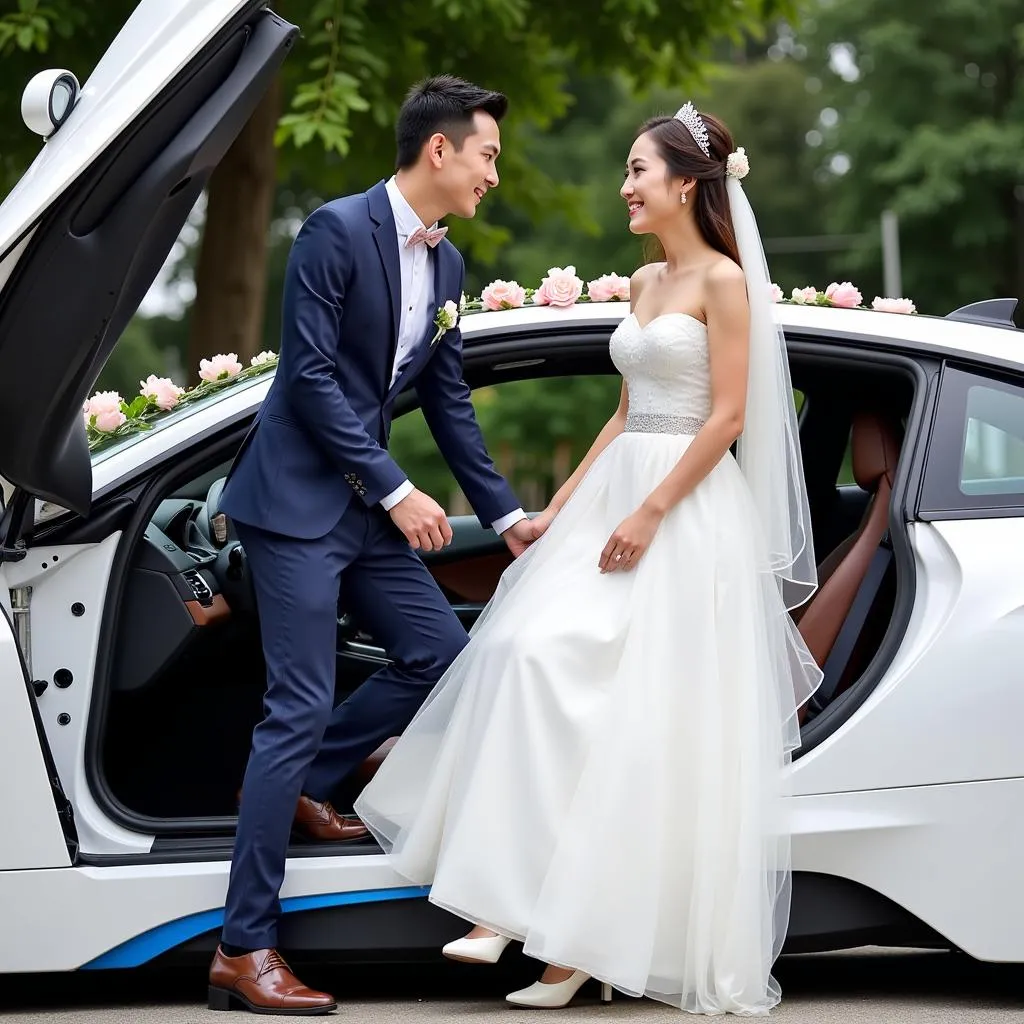 Couple entering a decorated BMW i8 for their wedding in Hanoi