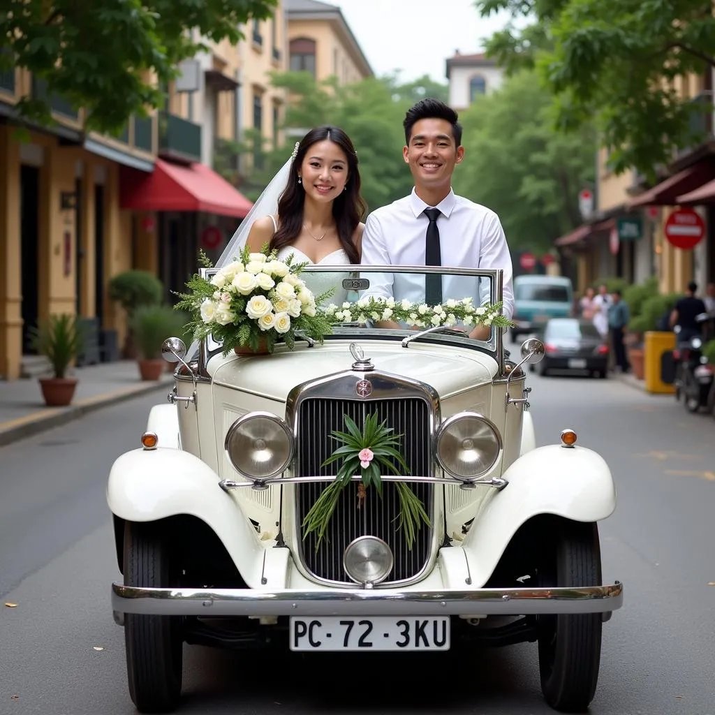 Hanoi Wedding Couple Arriving in Vintage Car