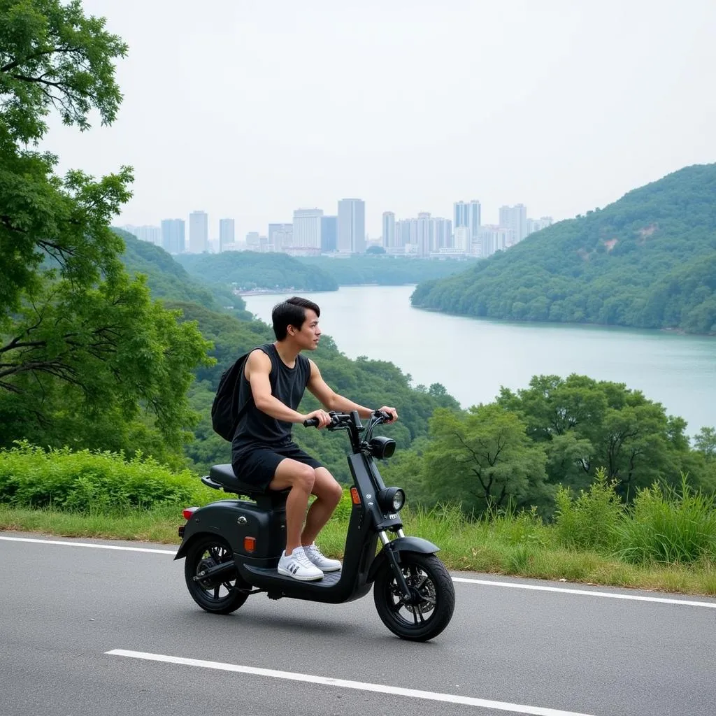 Riding an electric scooter around West Lake, Hanoi