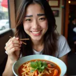 Woman enjoying Bun Rieu in Hanoi