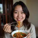 Smiling woman enjoying a bowl of soup after wisdom teeth extraction