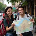 Vietnamese woman giving directions to a tourist