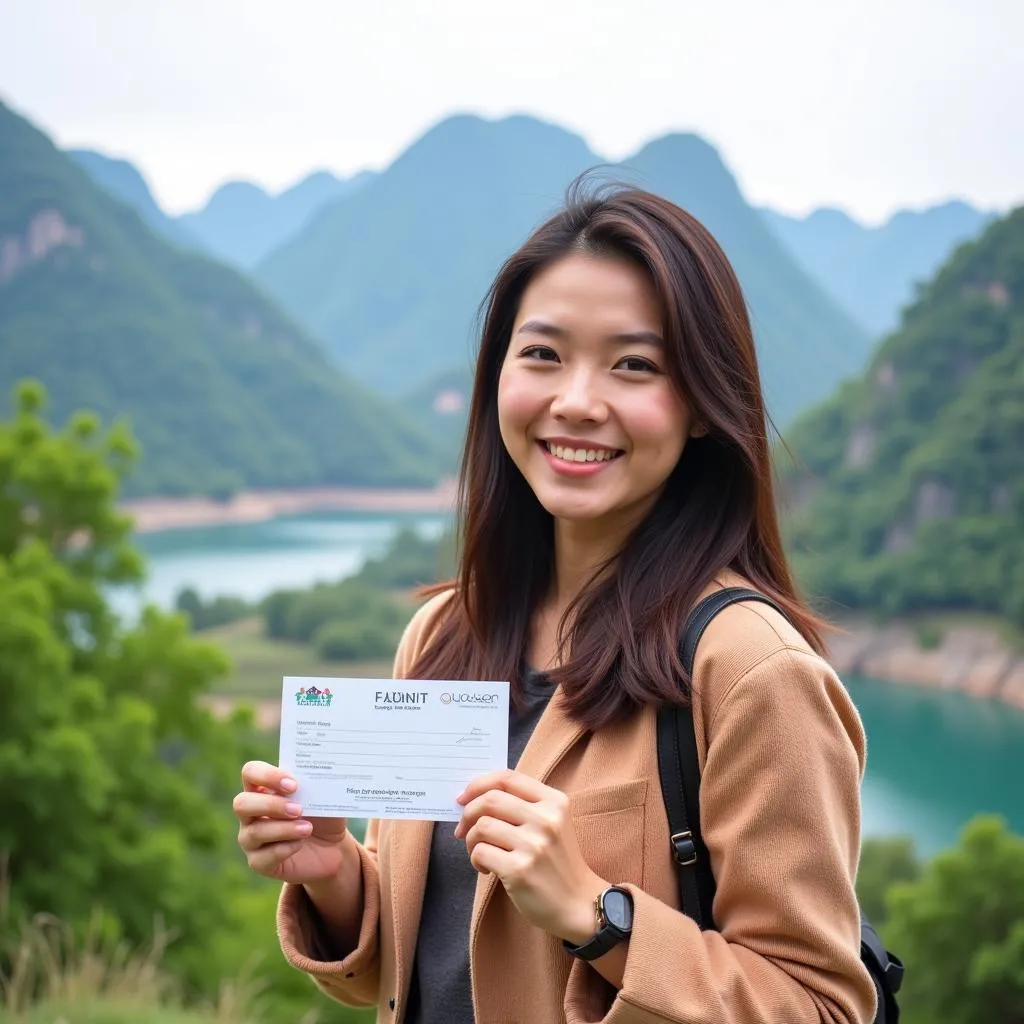 Hanoi woman holding a travel voucher 