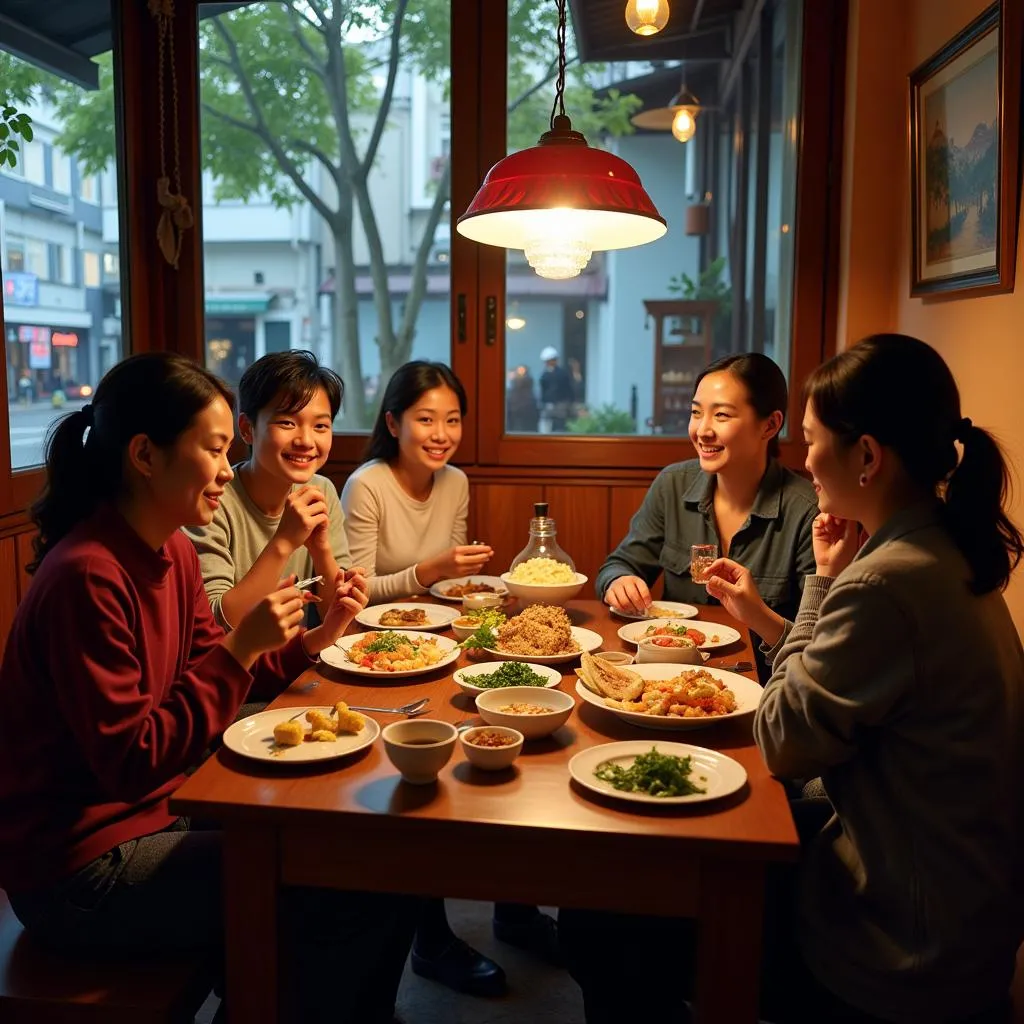 A Hanoian family enjoying a meal together at a local eatery