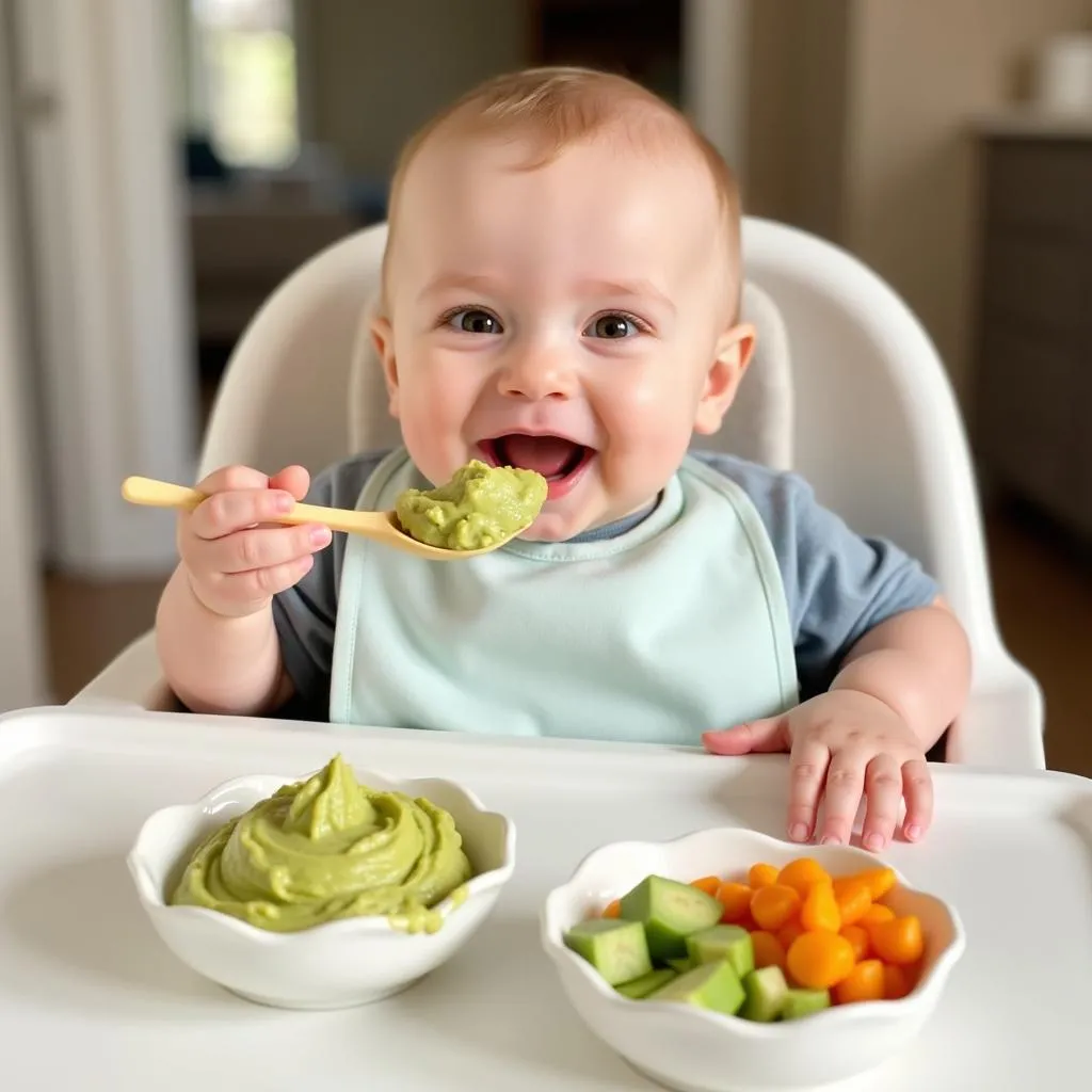 Baby enjoying mealtime in a high chair