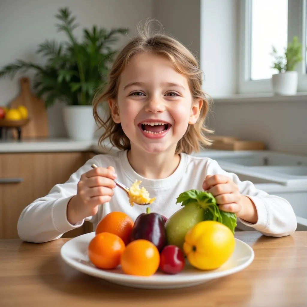 A happy child enjoying a meal rich in fruits and vegetables