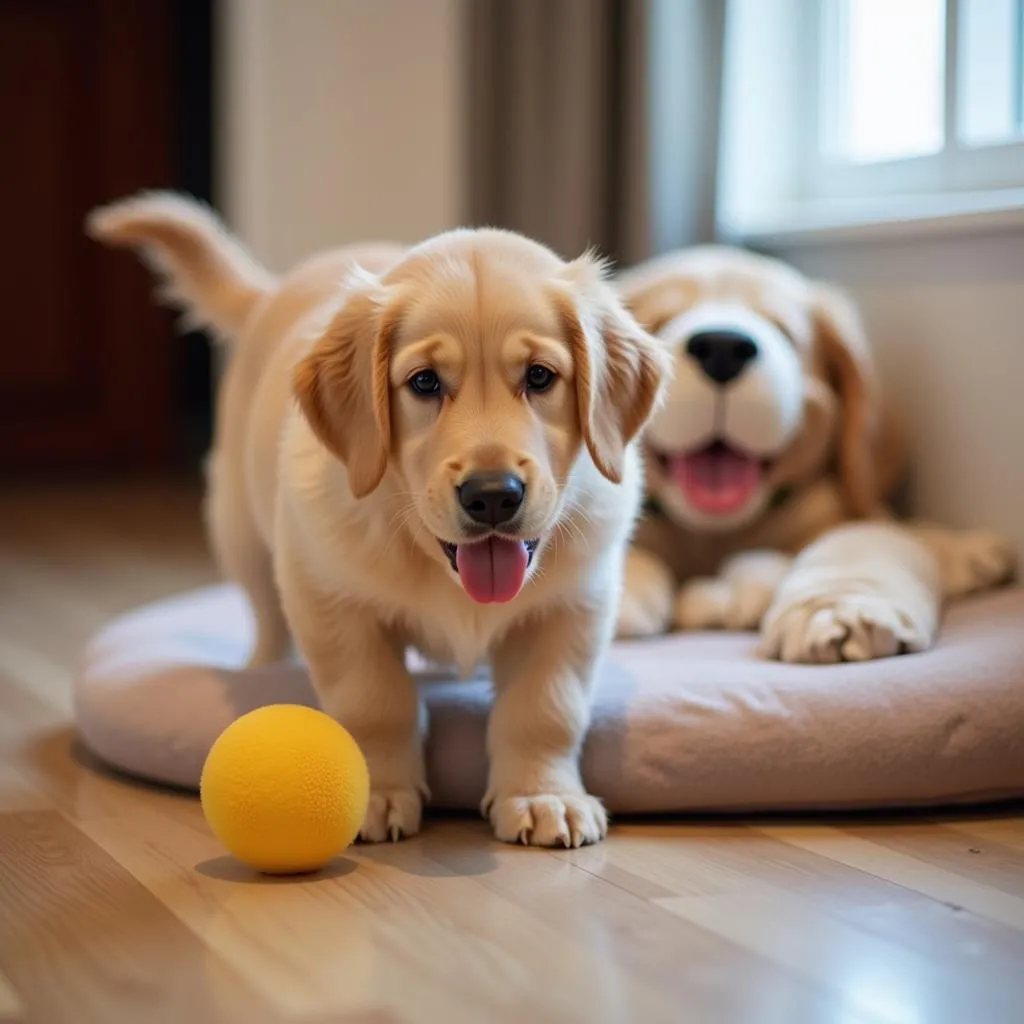 Golden Retriever puppy settling into its new home in Hanoi