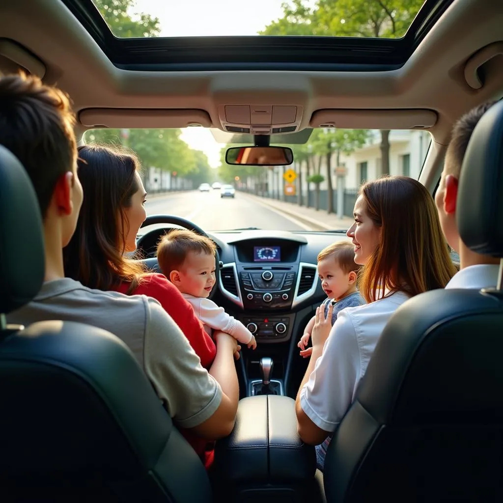 Happy Family Traveling by Car in Hanoi