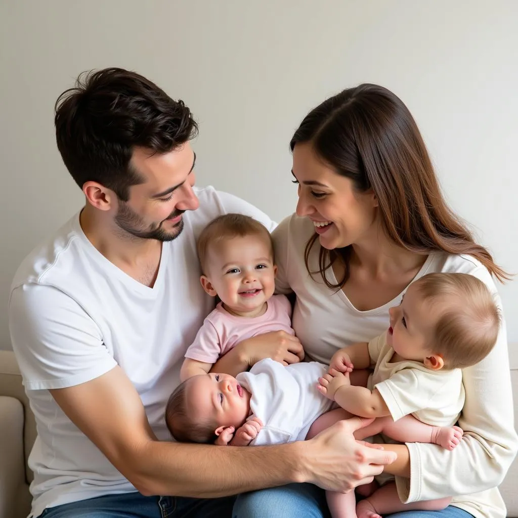 A family of four, with parents and two children, smiling and laughing together