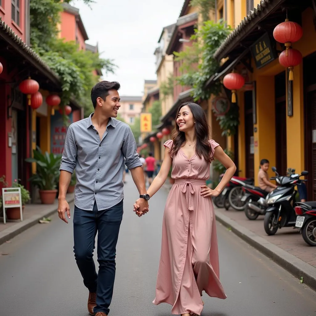 Happy Tourist Couple Exploring Hanoi's Old Quarter