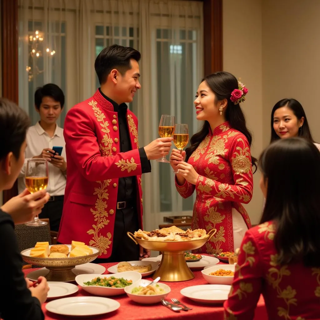 Happy Vietnamese couple toasting their wedding guests