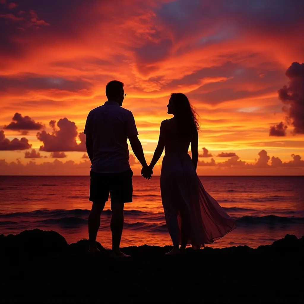 Romantic couple enjoying a sunset view in Hawaii