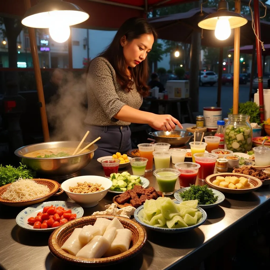 Hanoi street food stall selling various dishes, some of which are known for their headache-relieving properties.