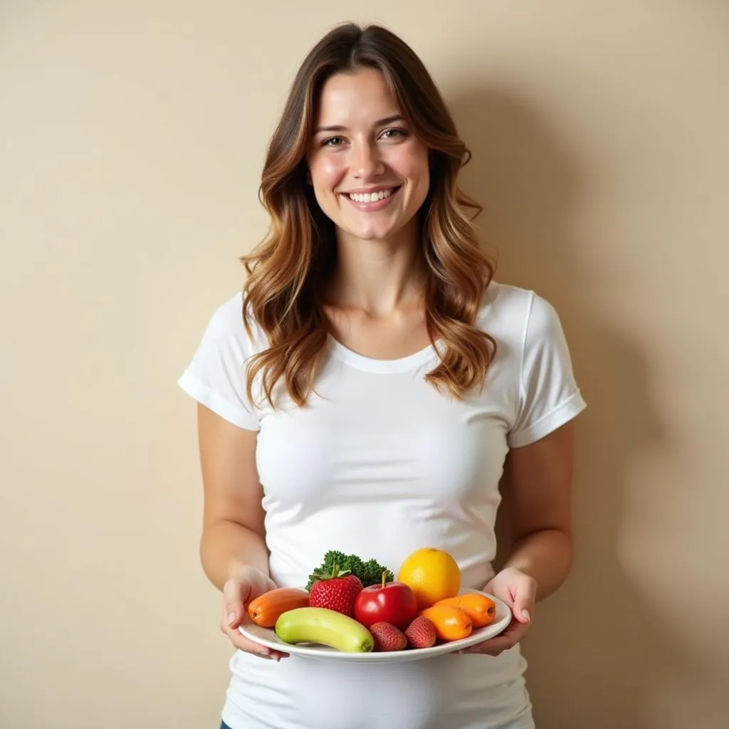 A pregnant woman holding a plate of fruits and vegetables