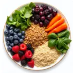 Colorful plate of high-fiber fruits, vegetables, and whole grains