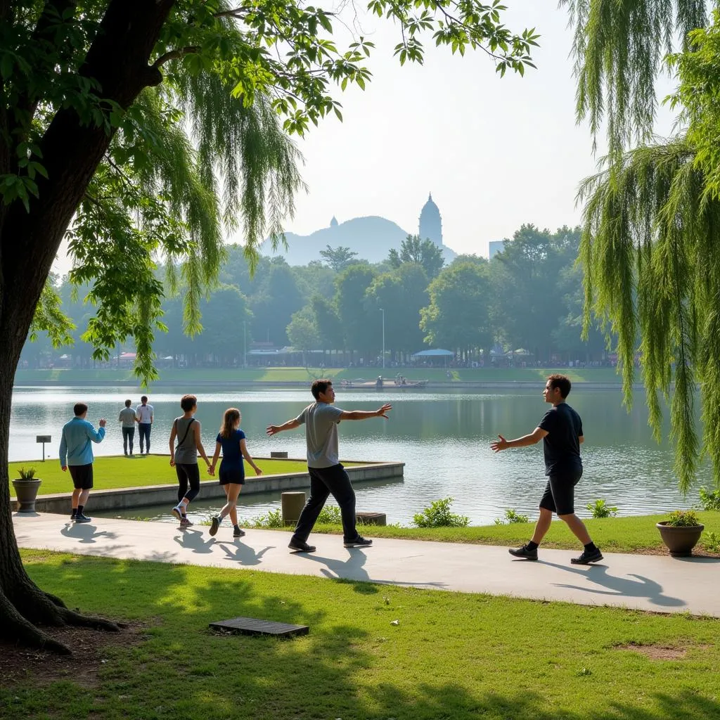 People relaxing and exercising at Hoan Kiem Lake