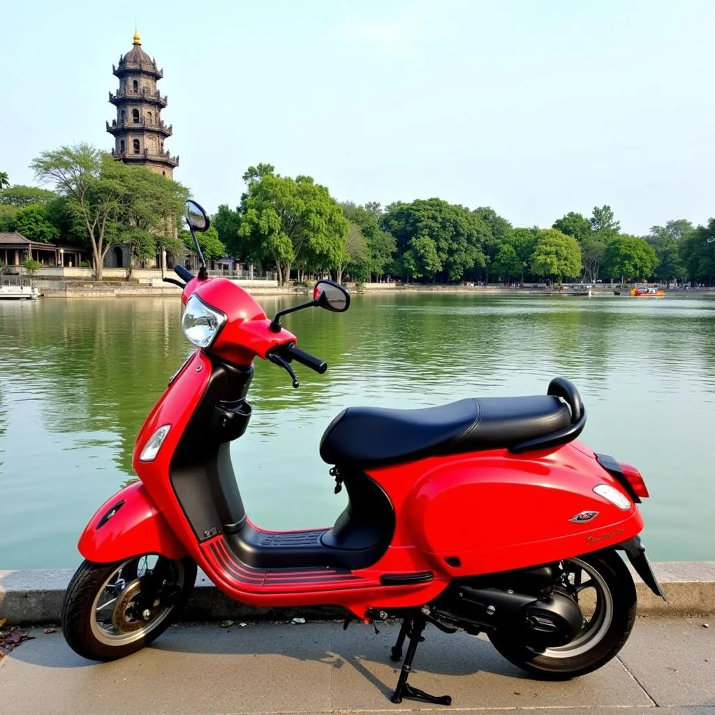 A scooter parked by Hoan Kiem Lake in Hanoi