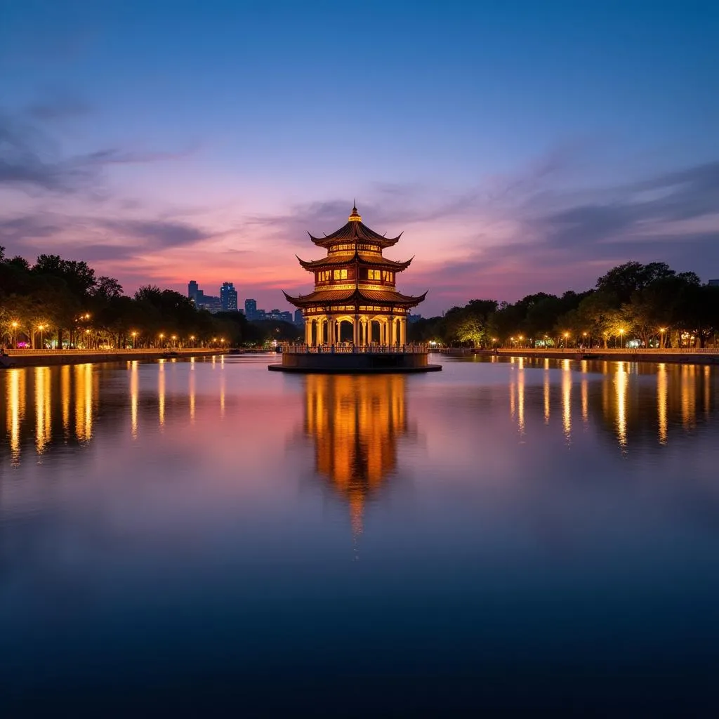 Sunset view of Hoan Kiem Lake in Hanoi