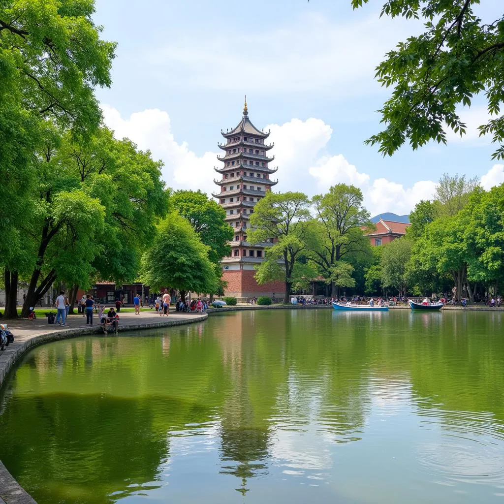 Tranquil scene of Hoan Kiem Lake with the iconic Turtle Tower