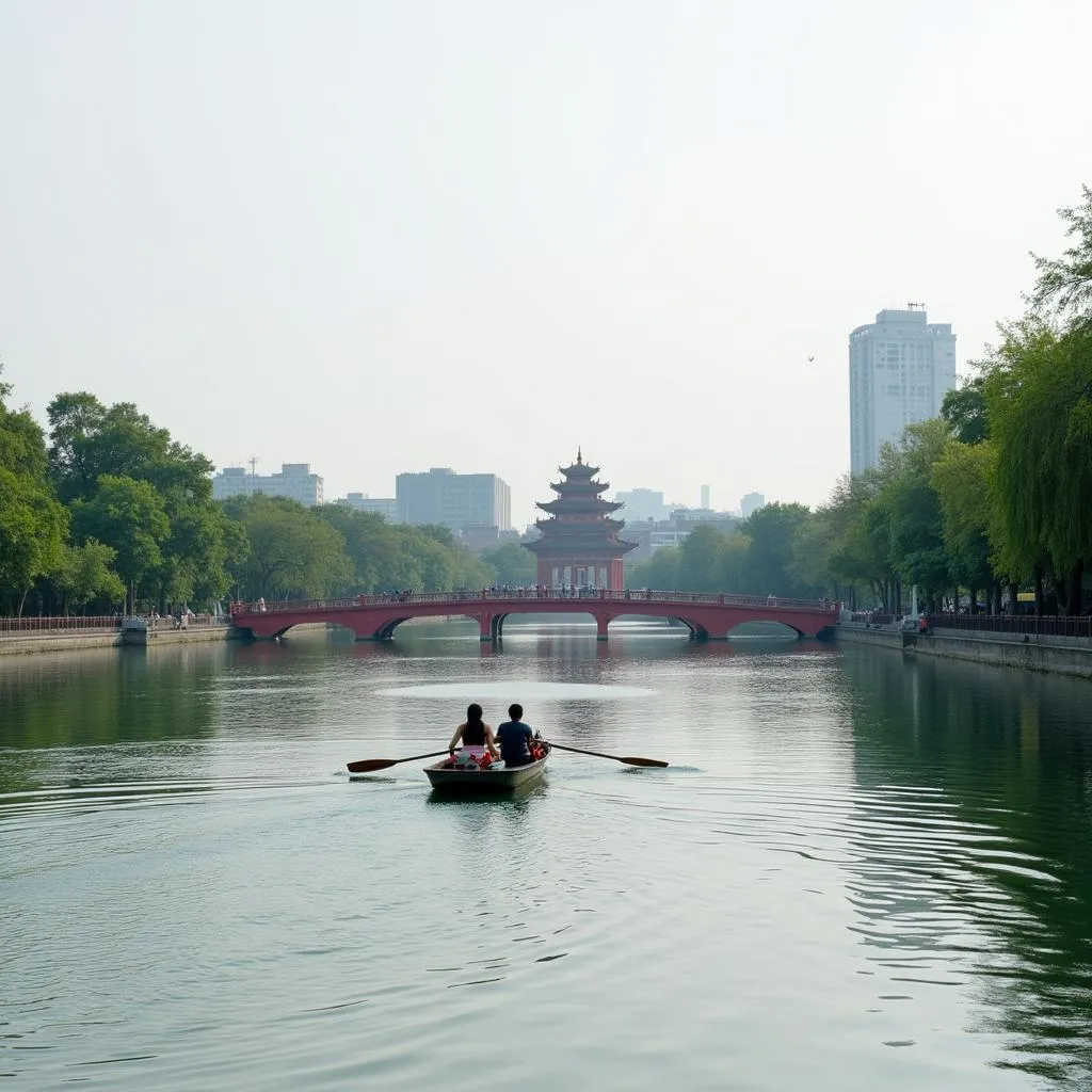 Honeymoon couple rowing a boat on Hoan Kiem Lake