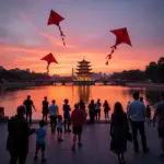 Kite flying at Hoan Kiem Lake