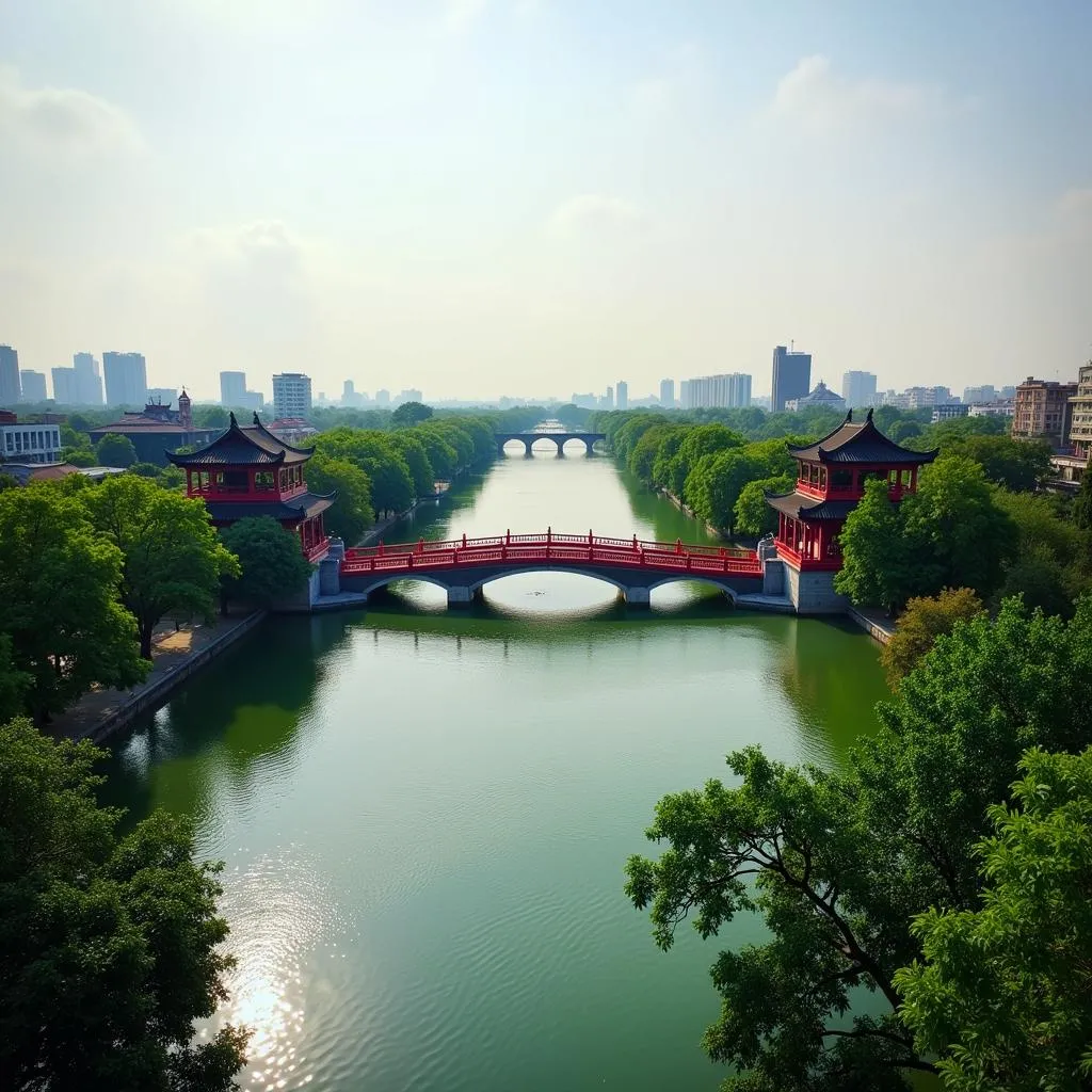 Scenic view of Hoan Kiem Lake and Ngoc Son Temple