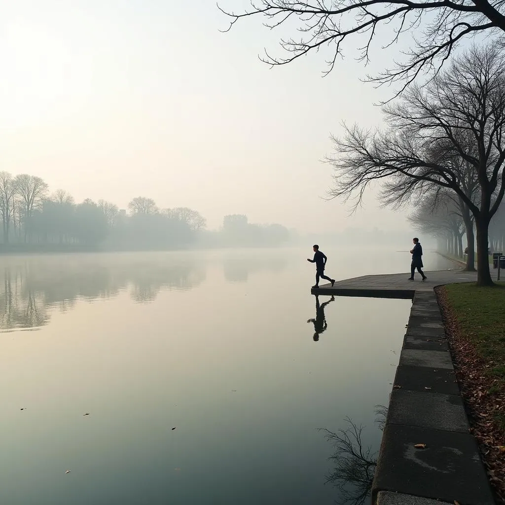 Locals exercising around Hoan Kiem Lake on a foggy winter morning