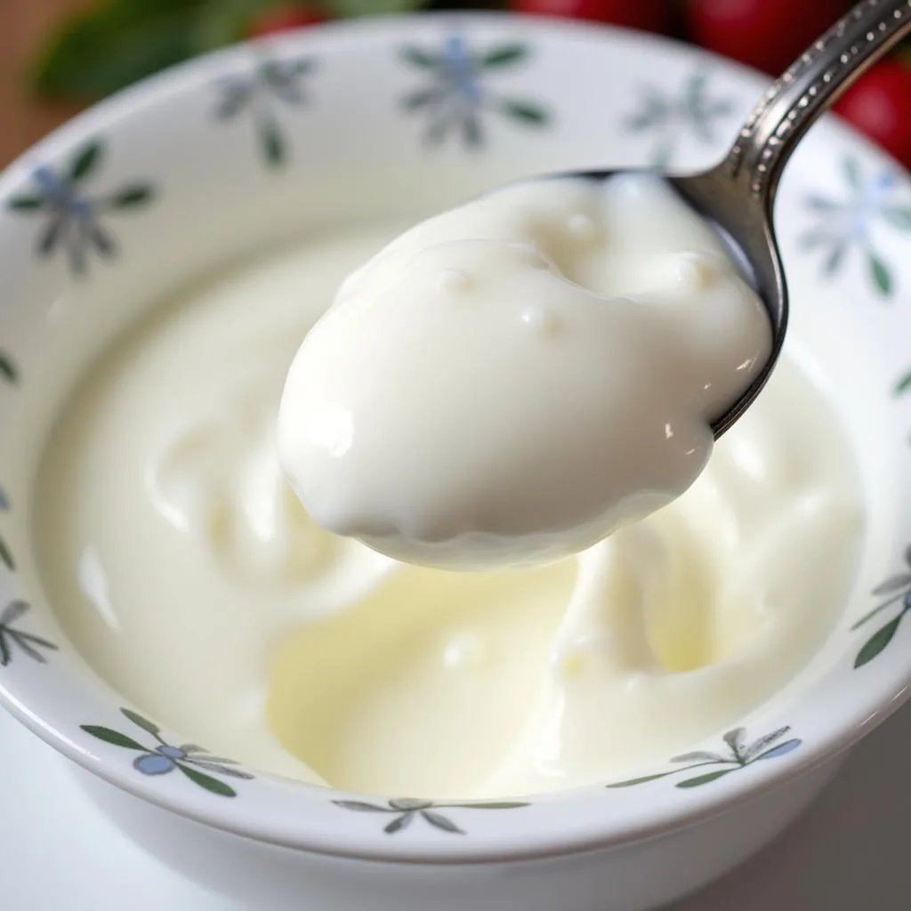 Checking the texture of homemade yogurt