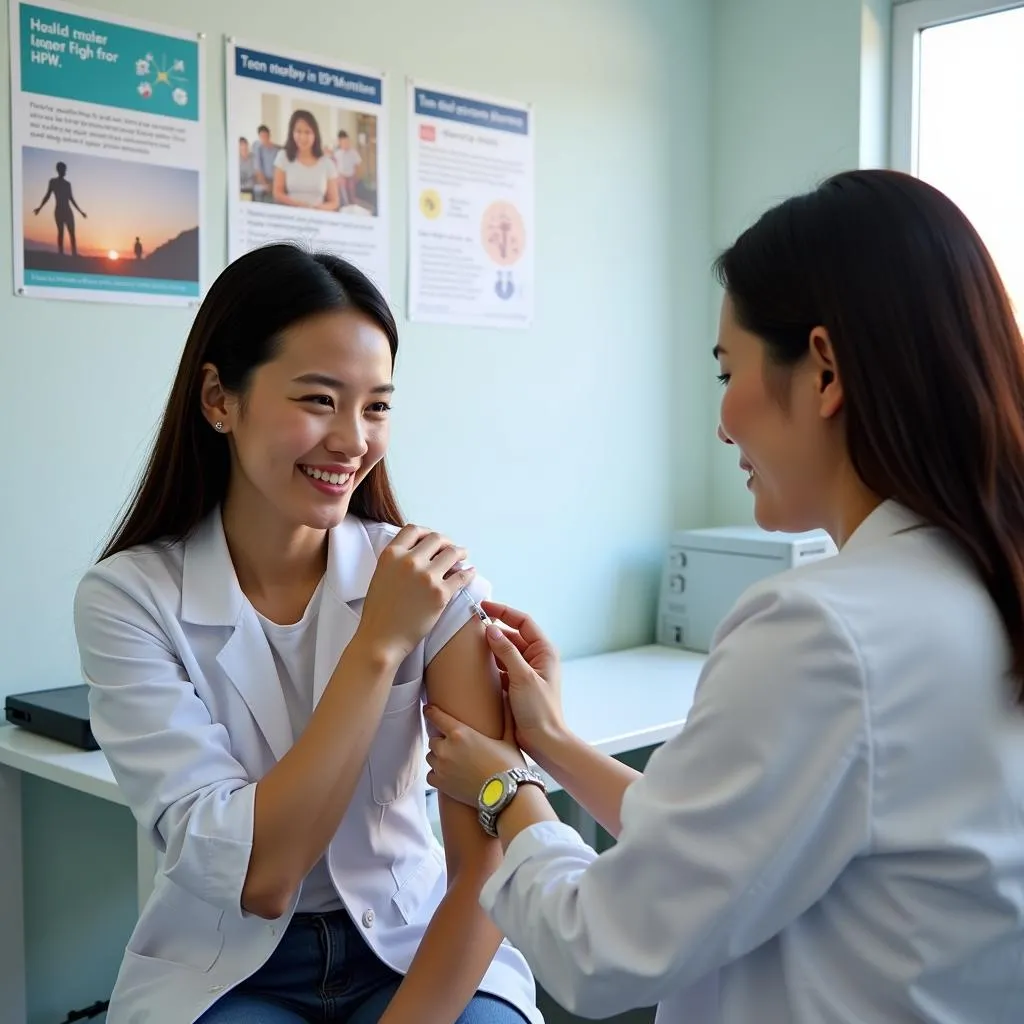 Woman receiving the HPV vaccine in a Hanoi clinic