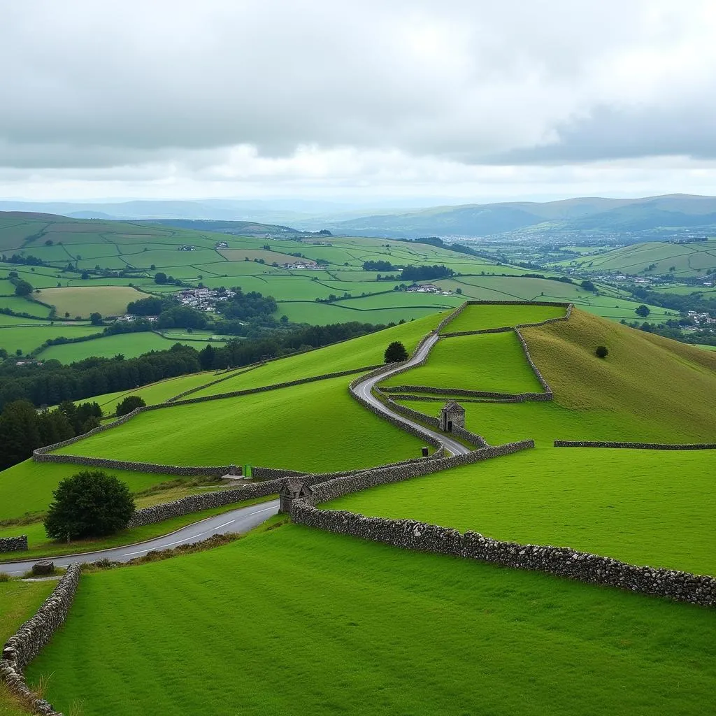 Scenic Irish countryside with stone walls and rolling hills