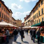 Tourists enjoying Italian street food in a vibrant piazza