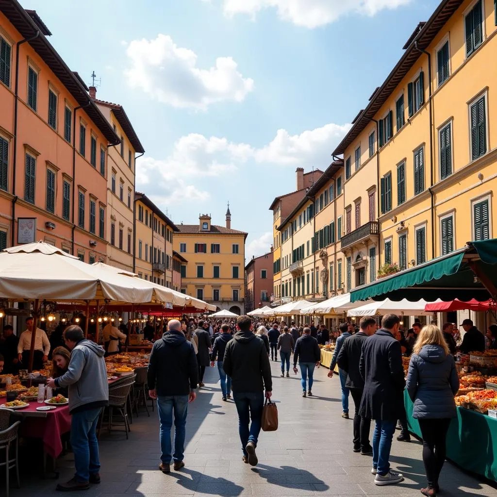 Tourists enjoying Italian street food in a vibrant piazza