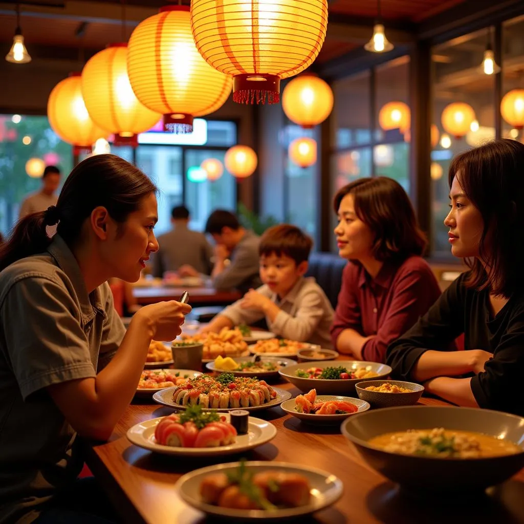 Family enjoying sushi at a Japanese restaurant in Hanoi