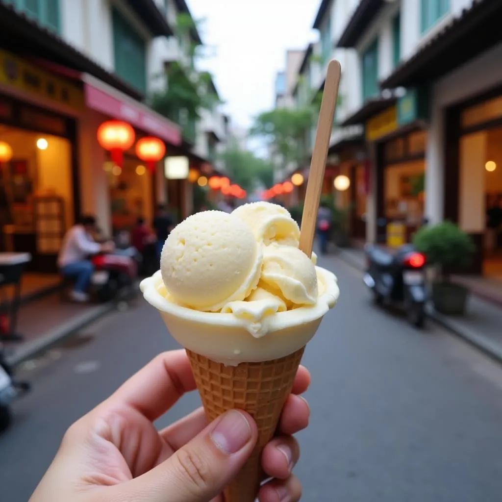 Enjoying Kem Trang Tien on a Hanoi street