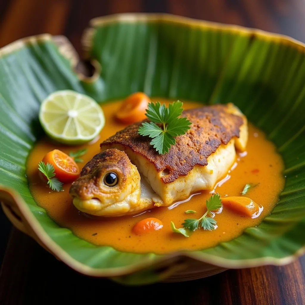 Khmer Fish Amok served in a banana leaf