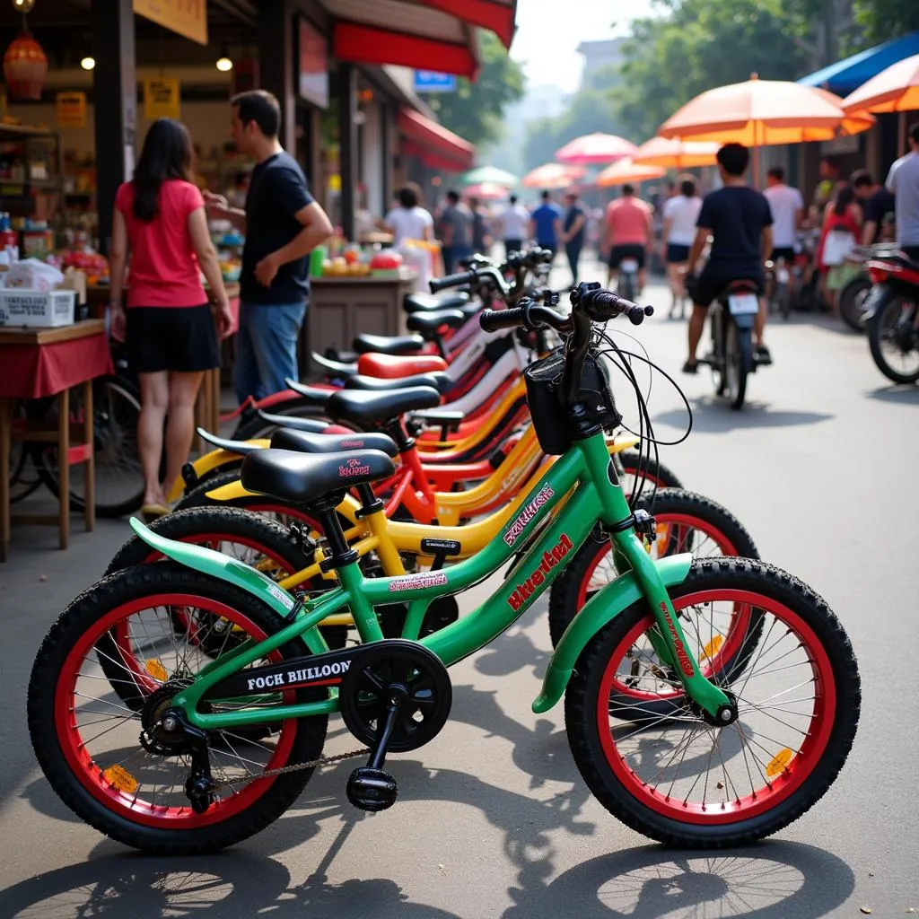 Colorful kids bikes displayed in a bustling Hanoi market