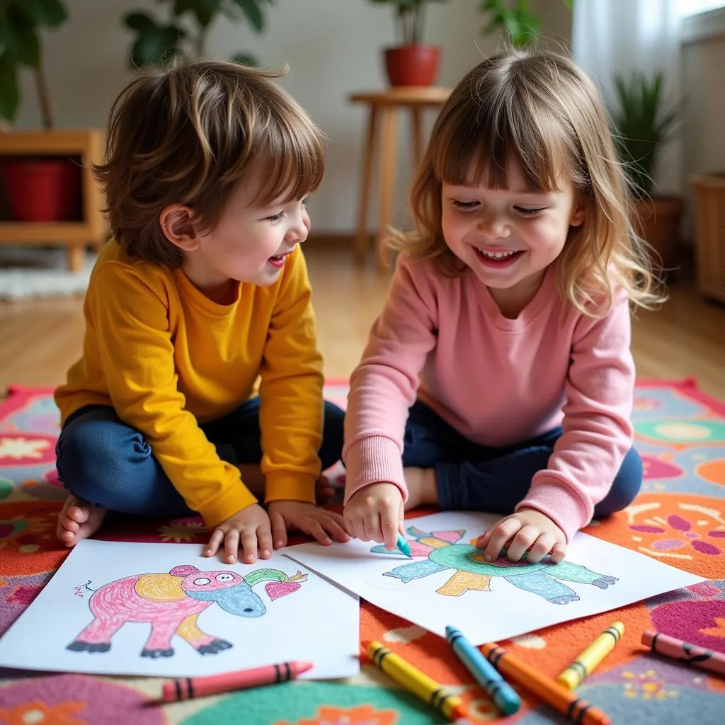 Kids drawing colorful animals together