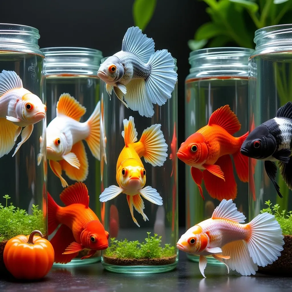 Kim Giang fighting fish displayed in glass jars