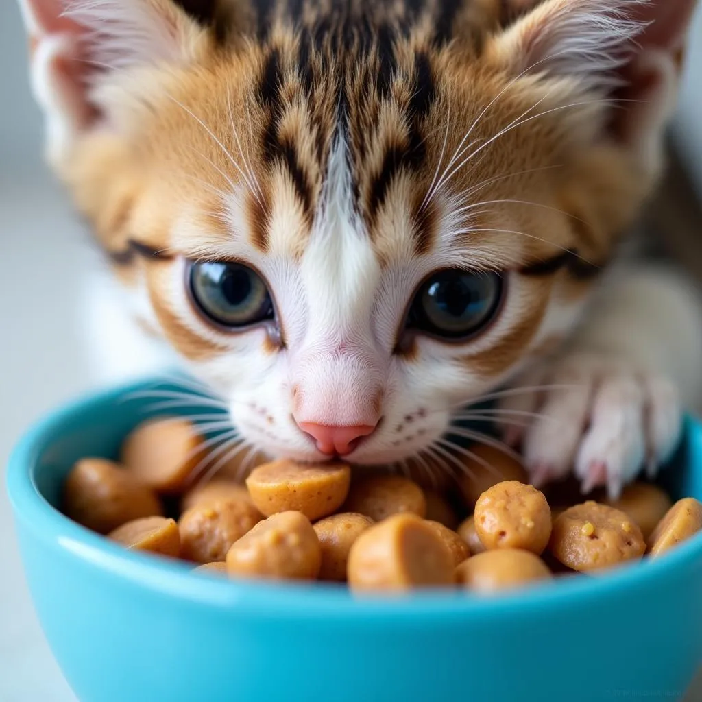 A playful kitten enjoying a meal of wet food from a bowl