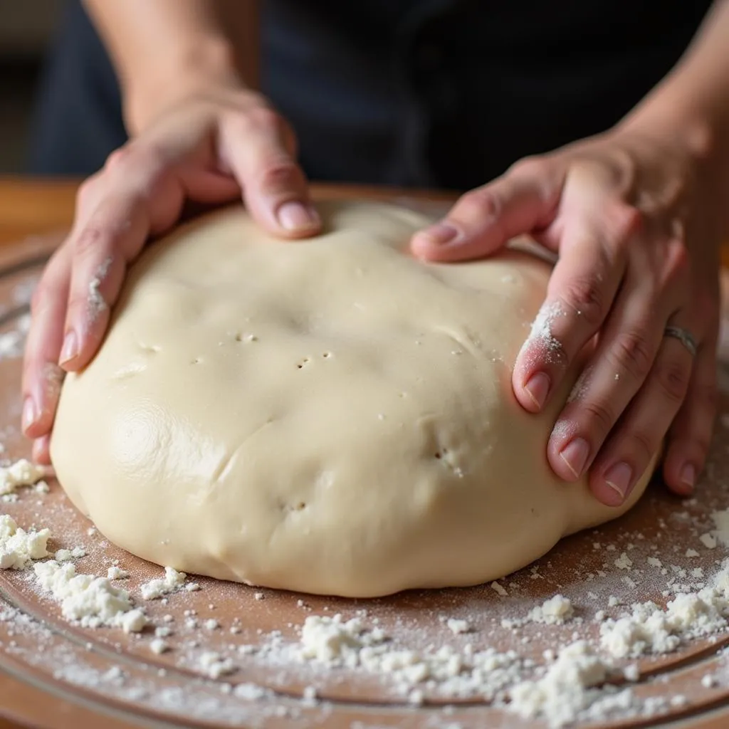 Kneading pizza dough on a floured surface