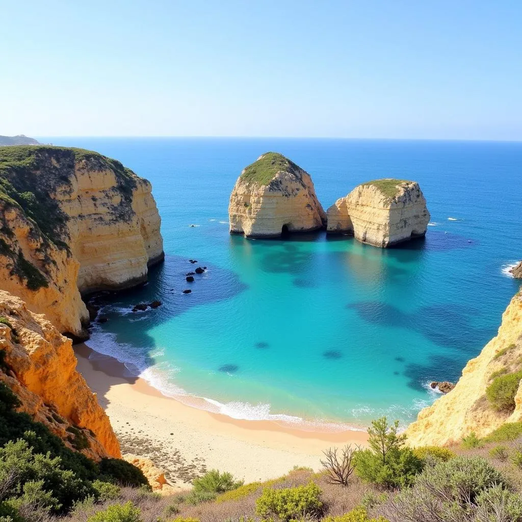 A stunning view of the picturesque Lagos coastline in the Algarve region of Portugal, featuring golden cliffs, turquoise waters, and vibrant boats.