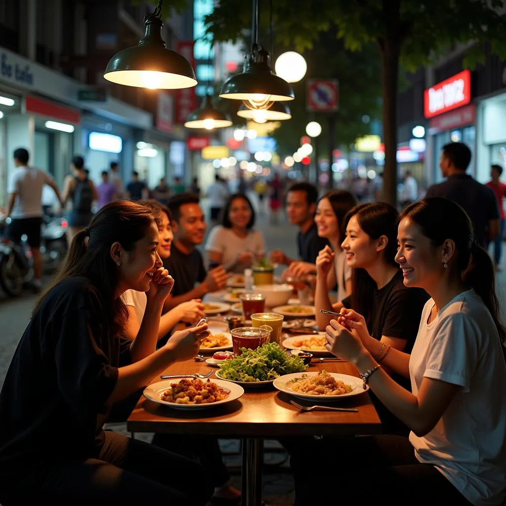 Diners enjoying late-night street food in Saigon