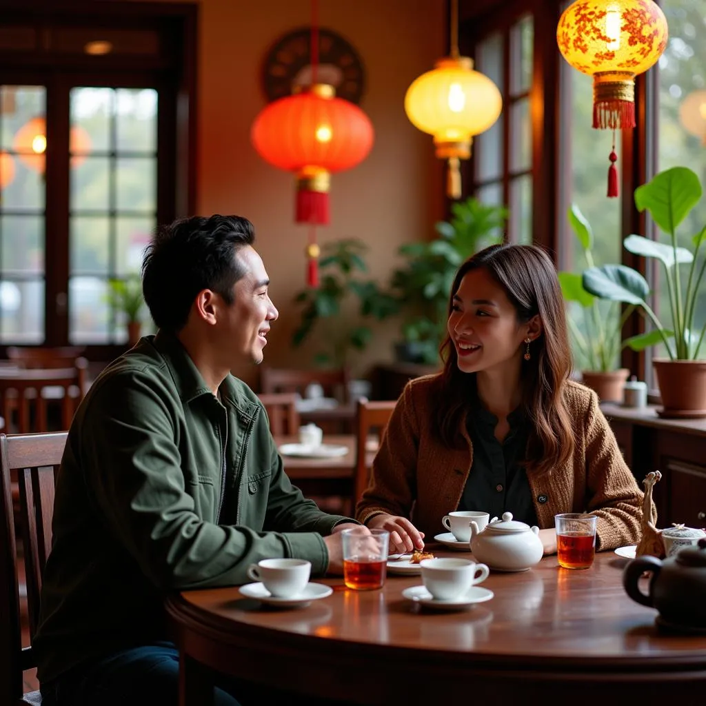 Local Hanoian sharing stories at a tea house