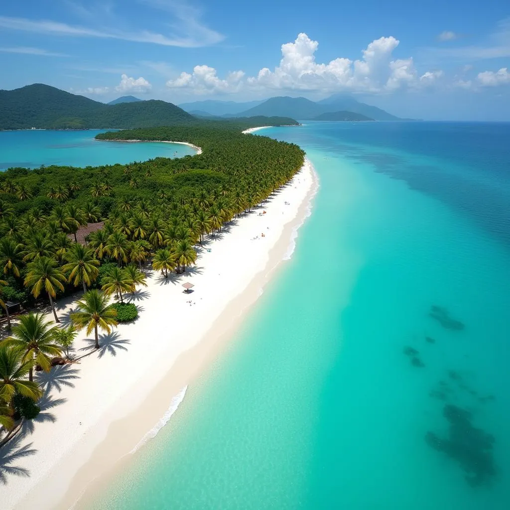 Aerial view of Long Beach Phu Quoc with turquoise water and white sand beach