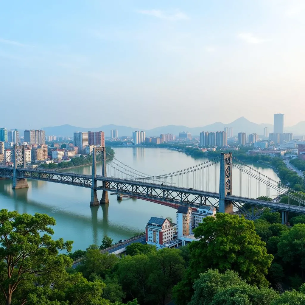 Panoramic view of Long Bien Bridge and Hanoi skyline