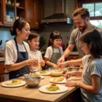 Family making Vietnamese crepes together