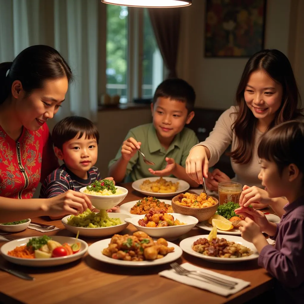 A Malaysian family sharing a traditional meal together